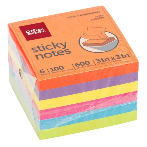 slide 1 of 3, Office Depot Brand Sticky Notes, 3'' X 3'', Assorted Deep Colors, 100 Sheets Per Pad, Pack Of 6 Pads, 6 ct