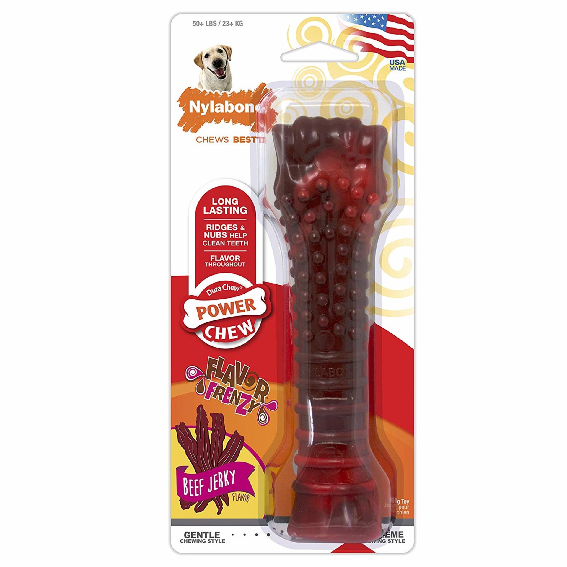 slide 1 of 10, Nylabone Flavor Frenzy Power Chew Durable Dog Chew Toy Beef Jerky X-Large/Souper - 50+ lbs.(1 Count), MED