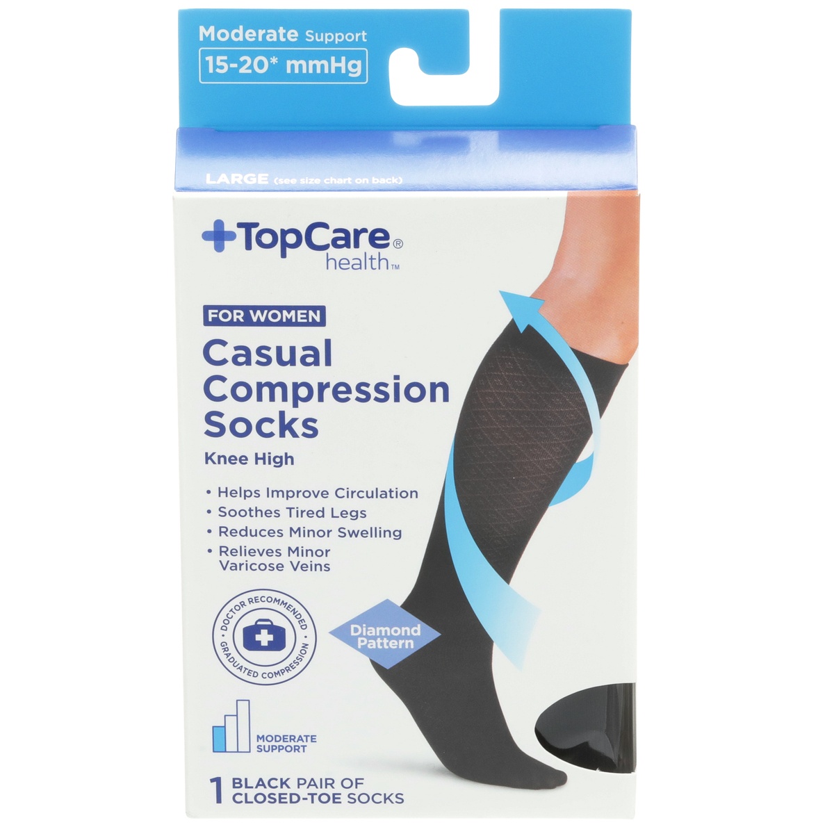 slide 1 of 1, TopCare Health Women Casual Compression Socks Knee High Large Black Diamond Pattern, 1 pair