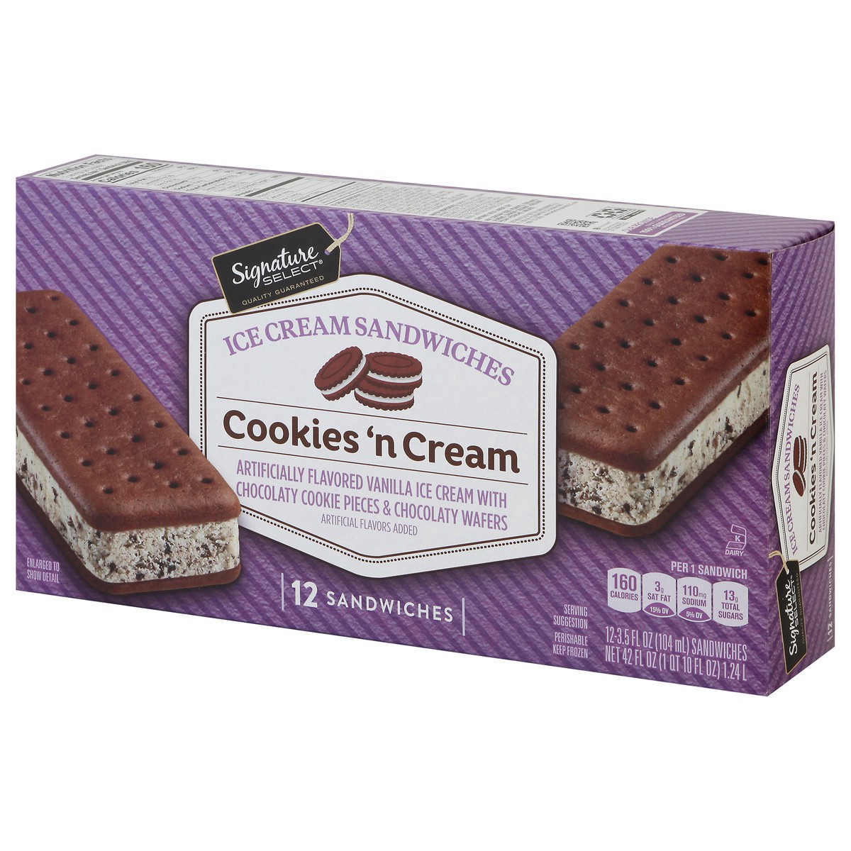 slide 2 of 9, Signature Select Cookies 'n Cream Ice Cream Sandwiches 12 - 3.5 fl oz Sandwiches, 12 ct