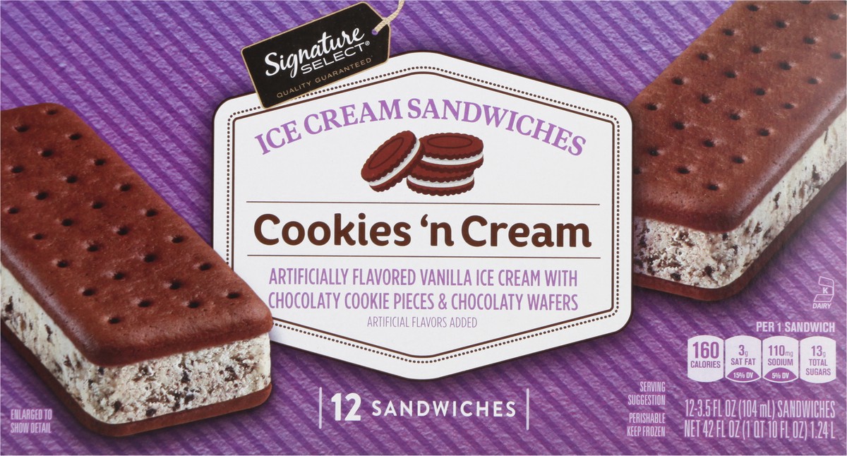 slide 9 of 9, Signature Select Cookies 'n Cream Ice Cream Sandwiches 12 - 3.5 fl oz Sandwiches, 12 ct