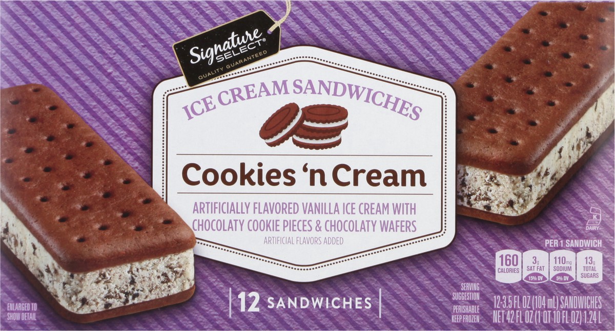 slide 3 of 9, Signature Select Cookies 'n Cream Ice Cream Sandwiches 12 - 3.5 fl oz Sandwiches, 12 ct