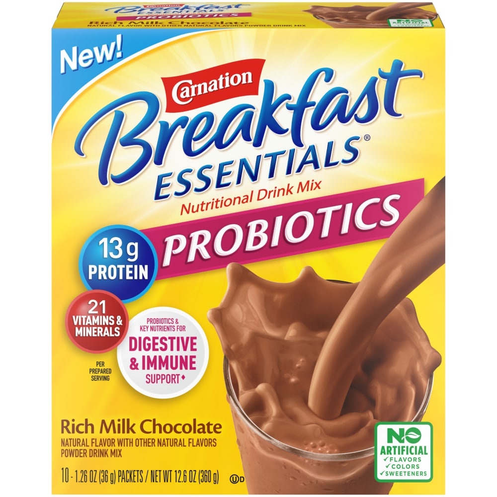 slide 1 of 1, Carnation Breakfast Essentials Probiotics Rich Milk Chocolate Nutritional Drink Mix Packets - 10 ct; 1.26 oz, 10 ct; 1.26 oz