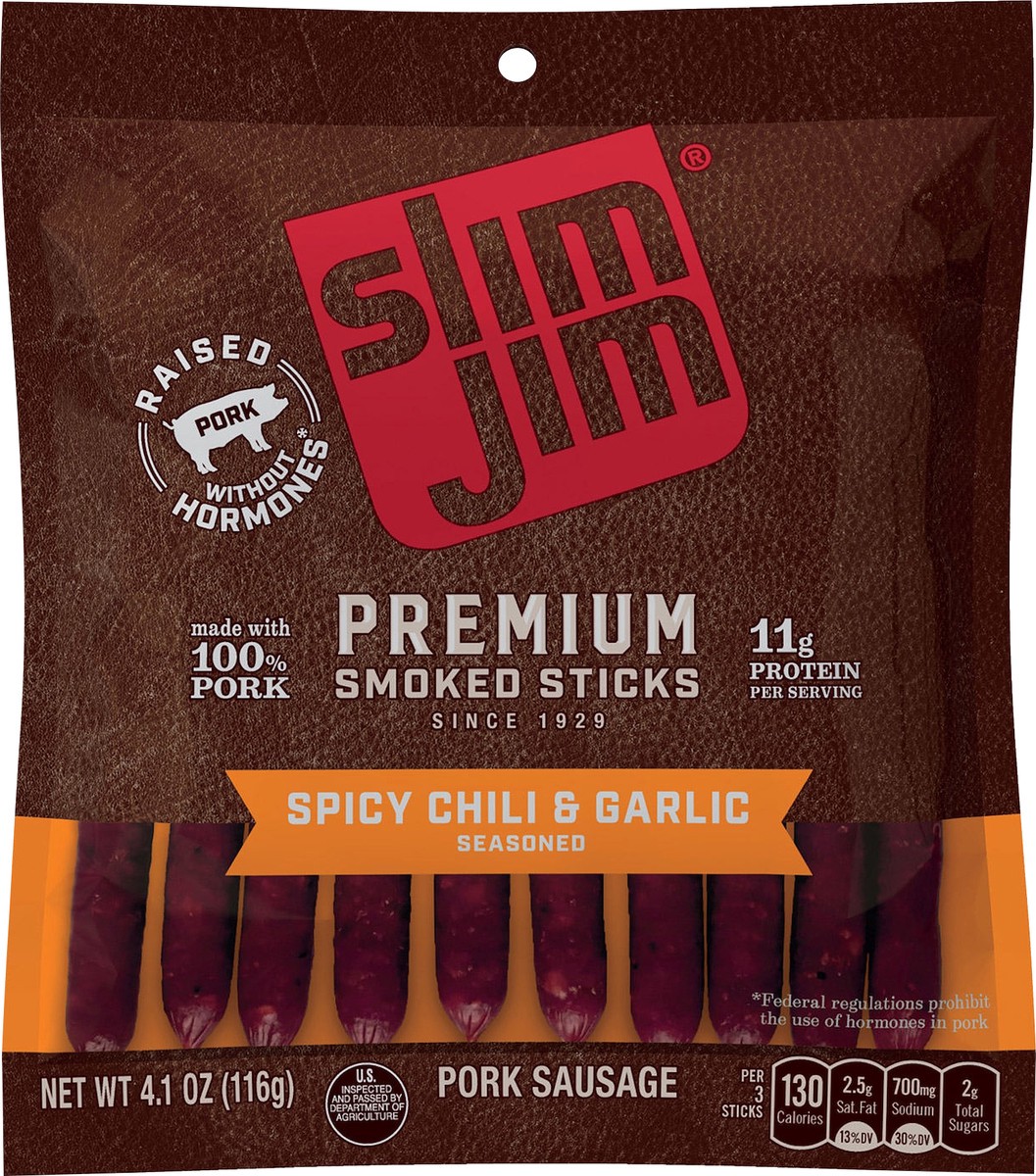 slide 1 of 2, Slim Jim Premium Spicy Chili & Garlic Seasoned Smoked Sticks 4.1 oz, 4.1 oz