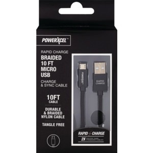 slide 1 of 1, PowerXcel Rapid Charge Braided Micro USB Charge & Sync Cable - Black, 10 ft