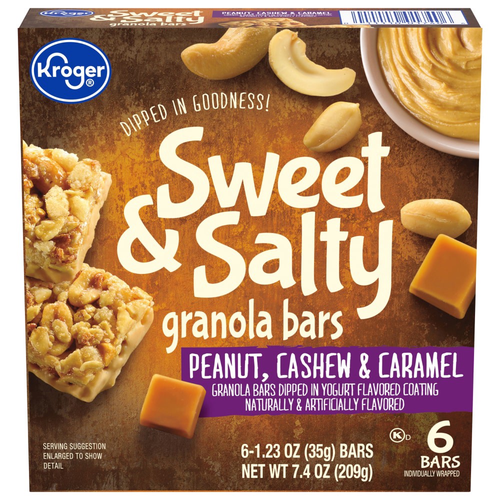 slide 1 of 6, Kroger Sweet Salty Peanut Cashew Caramel Granola Bars, 7.4 oz