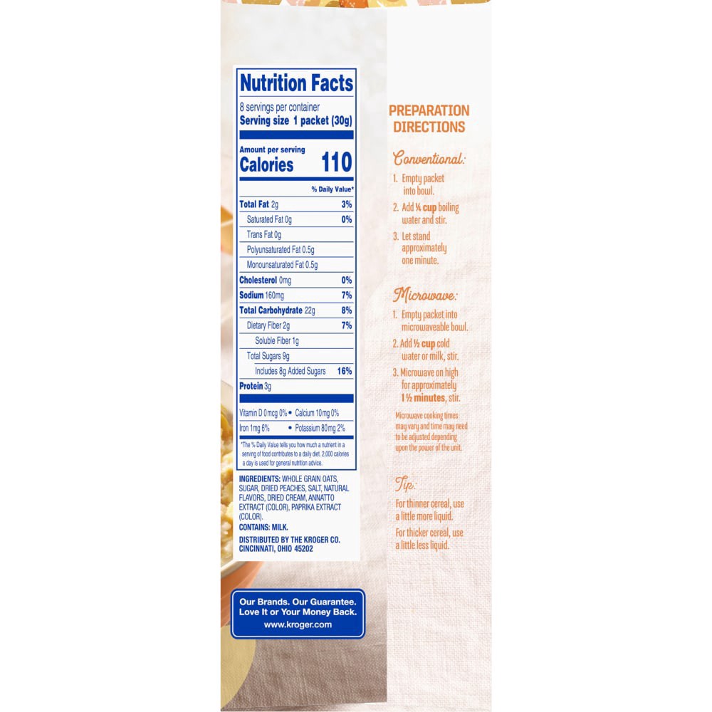 slide 2 of 5, Kroger Peaches & Cream Naturally Flavored Instant Oatmeal Pouches, 8 ct ; 8.4 oz