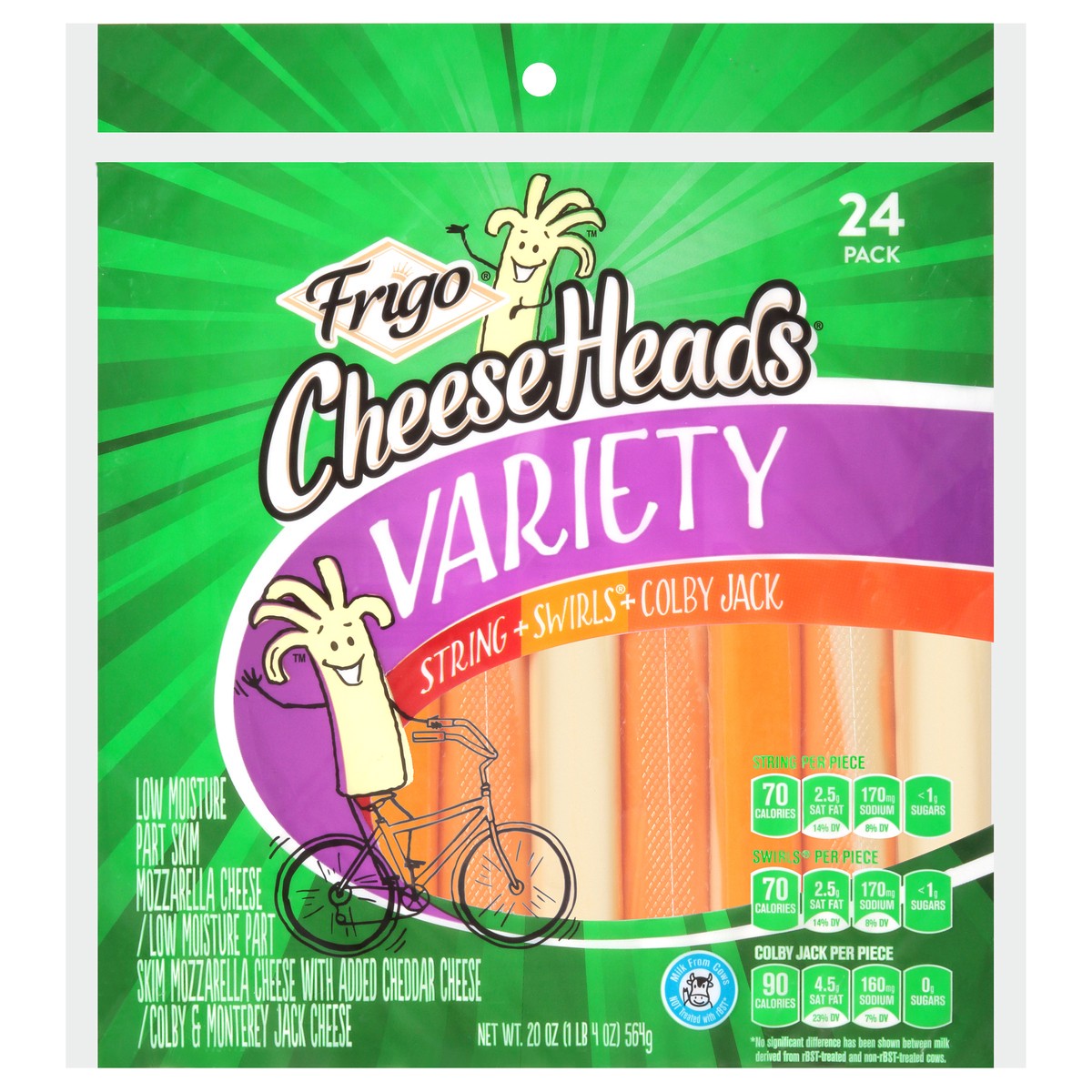 slide 1 of 6, Frigo Cheese Heads Mozzarella String Cheese, Swirls and Colby Jack Cheese Sticks 20 oz, 24 Count, 24 ct