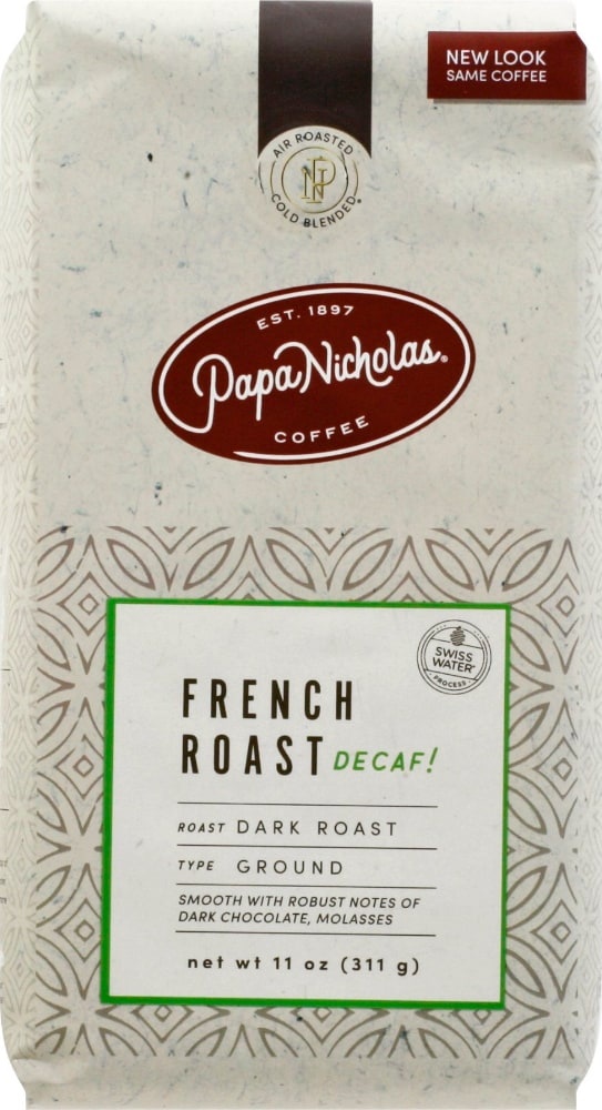 slide 1 of 1, PapaNicholas Decaffeinated French Roast Dark Roast Ground Coffee, 11 oz