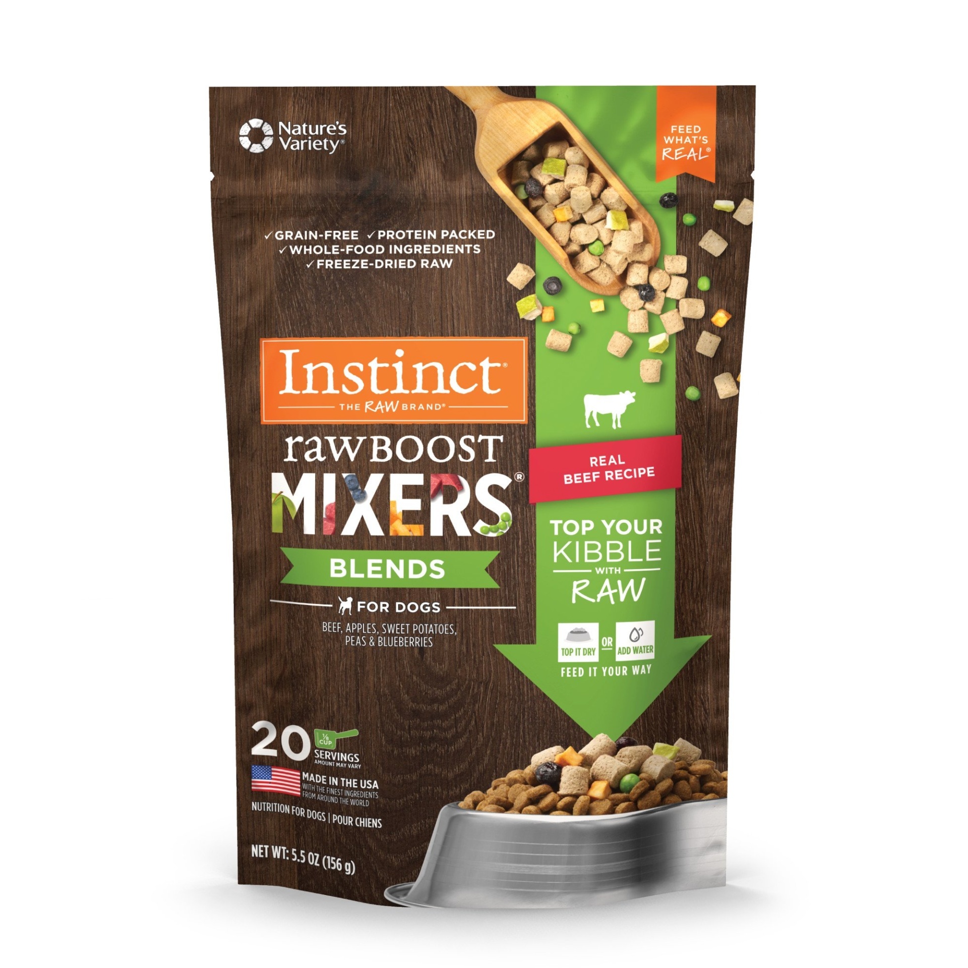 slide 1 of 1, Nature's Variety Instinct Freeze Dried Raw Boost Mixers Blends Grain Free Real Beef Recipe Dog Food Topper, 5.5 oz