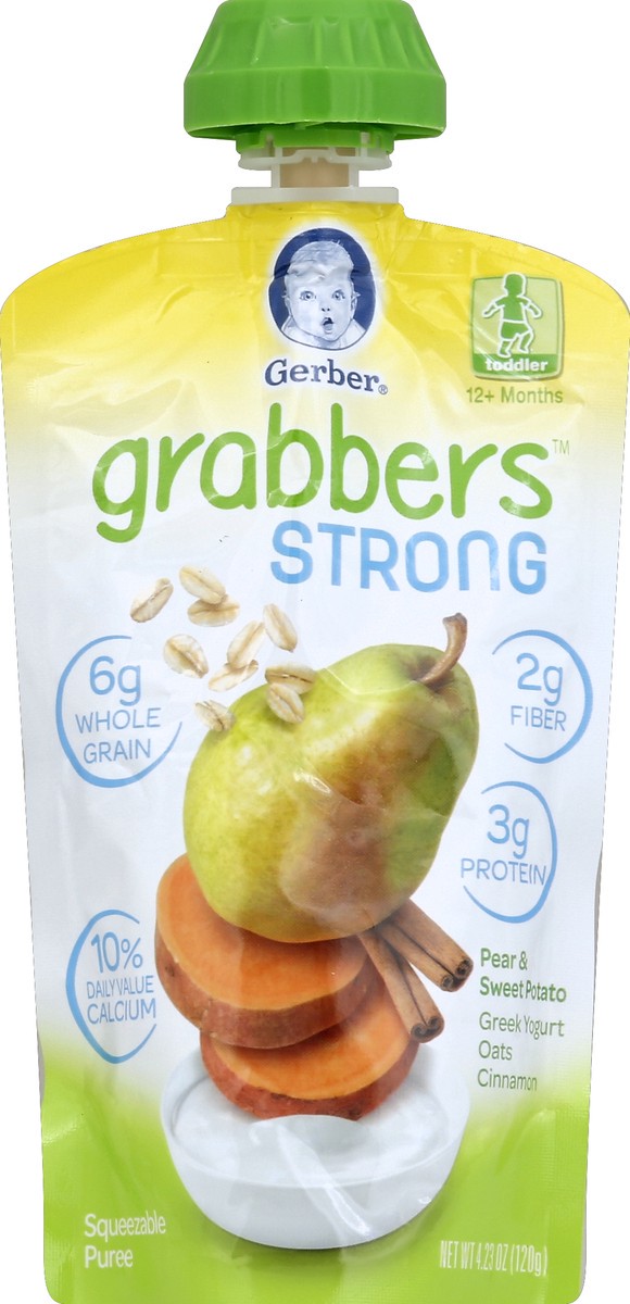 slide 2 of 2, Gerber Grabbers Strong Squeezable Puree Pouch Pear & Sweet Potato Greek Yogurt Oats Cinnamon, 4.23 oz