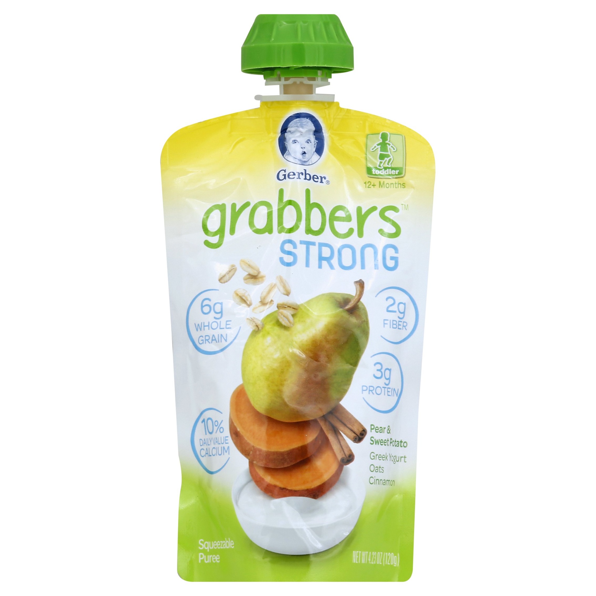 slide 1 of 2, Gerber Grabbers Strong Squeezable Puree Pouch Pear & Sweet Potato Greek Yogurt Oats Cinnamon, 4.23 oz
