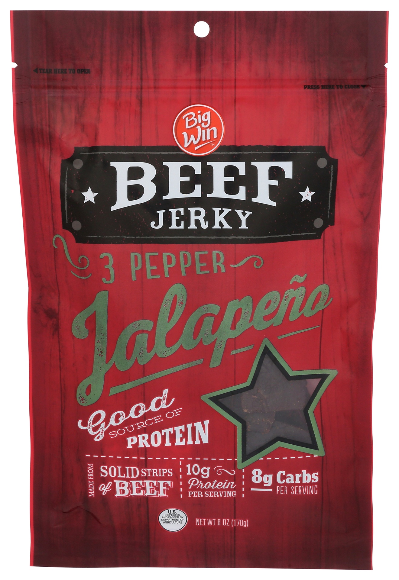 slide 1 of 2, Big Win Beef Jerky 3-Pepper Jalapeno, 6 oz