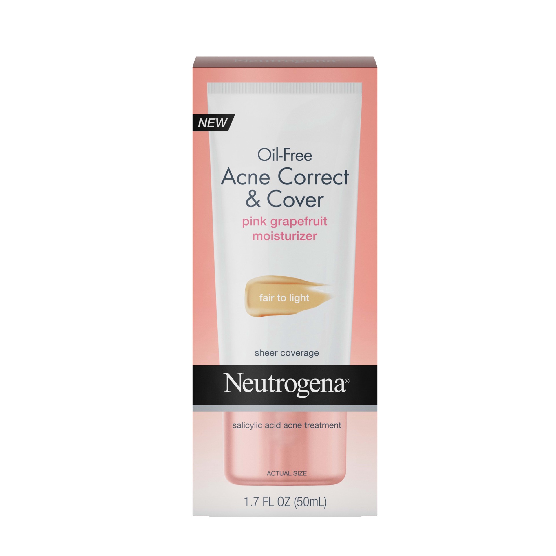 slide 3 of 5, NEUTROGENA Oil-Free Acne Moisturizer Correct & Cover Pink Grapefruit, Medium to Tan, 1.7 Fl. Oz, 1.7 oz