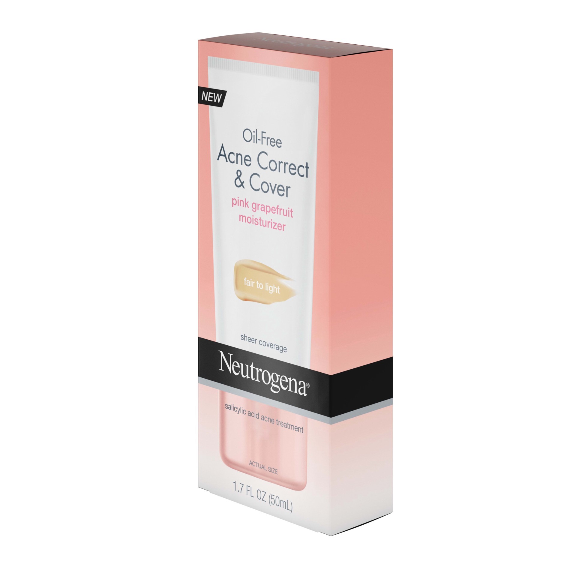 slide 4 of 5, NEUTROGENA Oil-Free Acne Moisturizer Correct & Cover Pink Grapefruit, Medium to Tan, 1.7 Fl. Oz, 1.7 oz