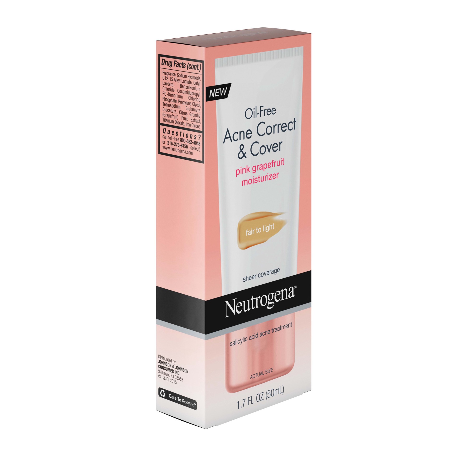 slide 5 of 5, NEUTROGENA Oil-Free Acne Moisturizer Correct & Cover Pink Grapefruit, Medium to Tan, 1.7 Fl. Oz, 1.7 oz