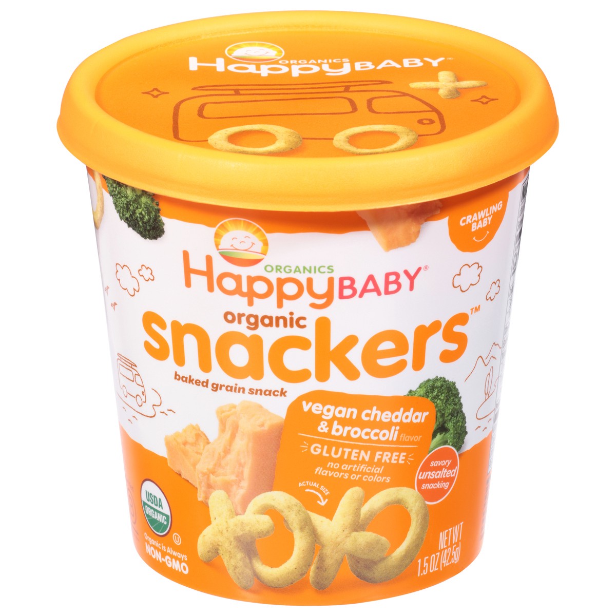 slide 1 of 13, Happy Baby Snackers Vegan Cheddar & Broccoli Flavor Baked Grain Snack 1.5 oz, 1.5 oz