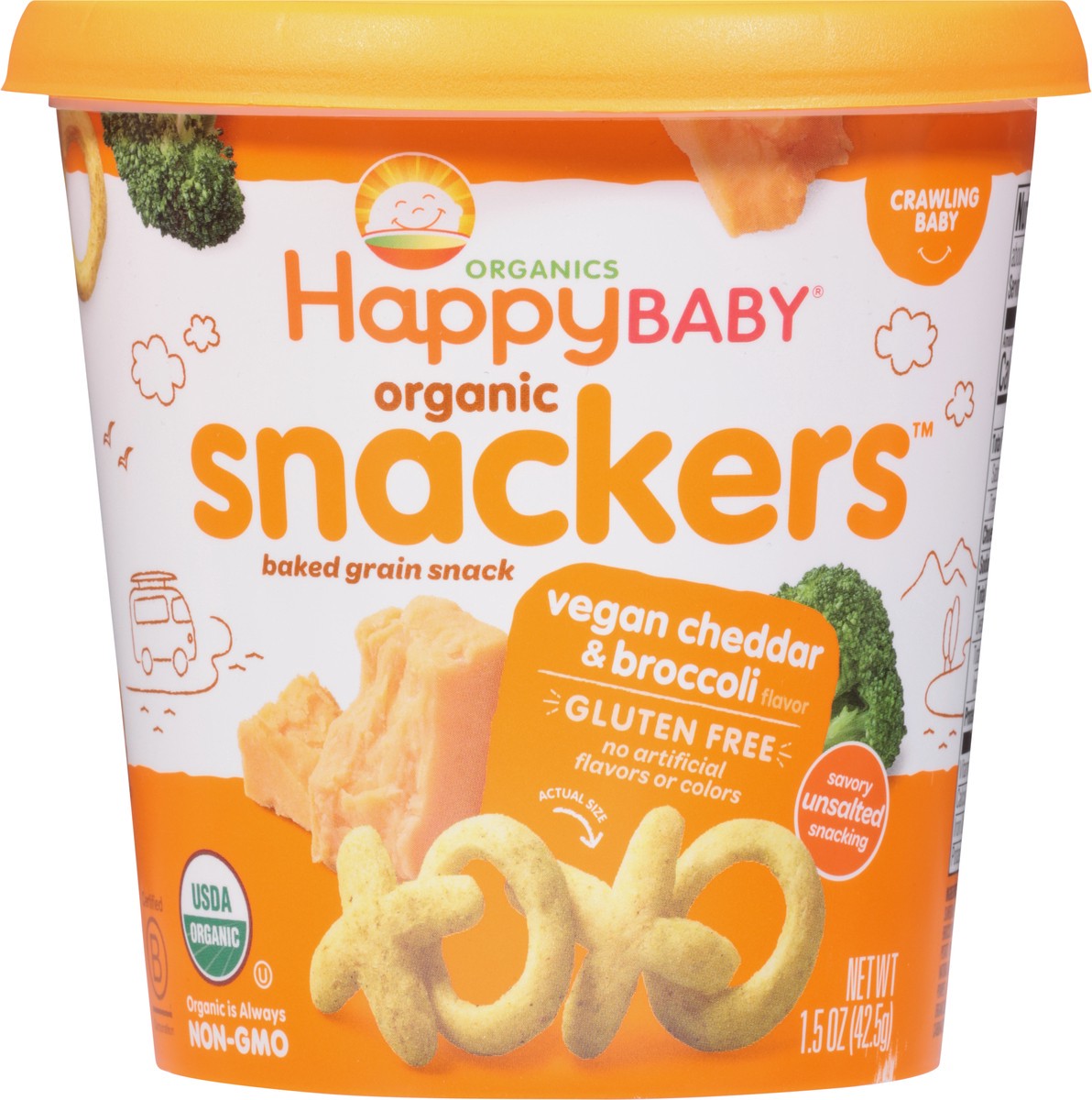 slide 9 of 13, Happy Baby Snackers Vegan Cheddar & Broccoli Flavor Baked Grain Snack 1.5 oz, 1.5 oz