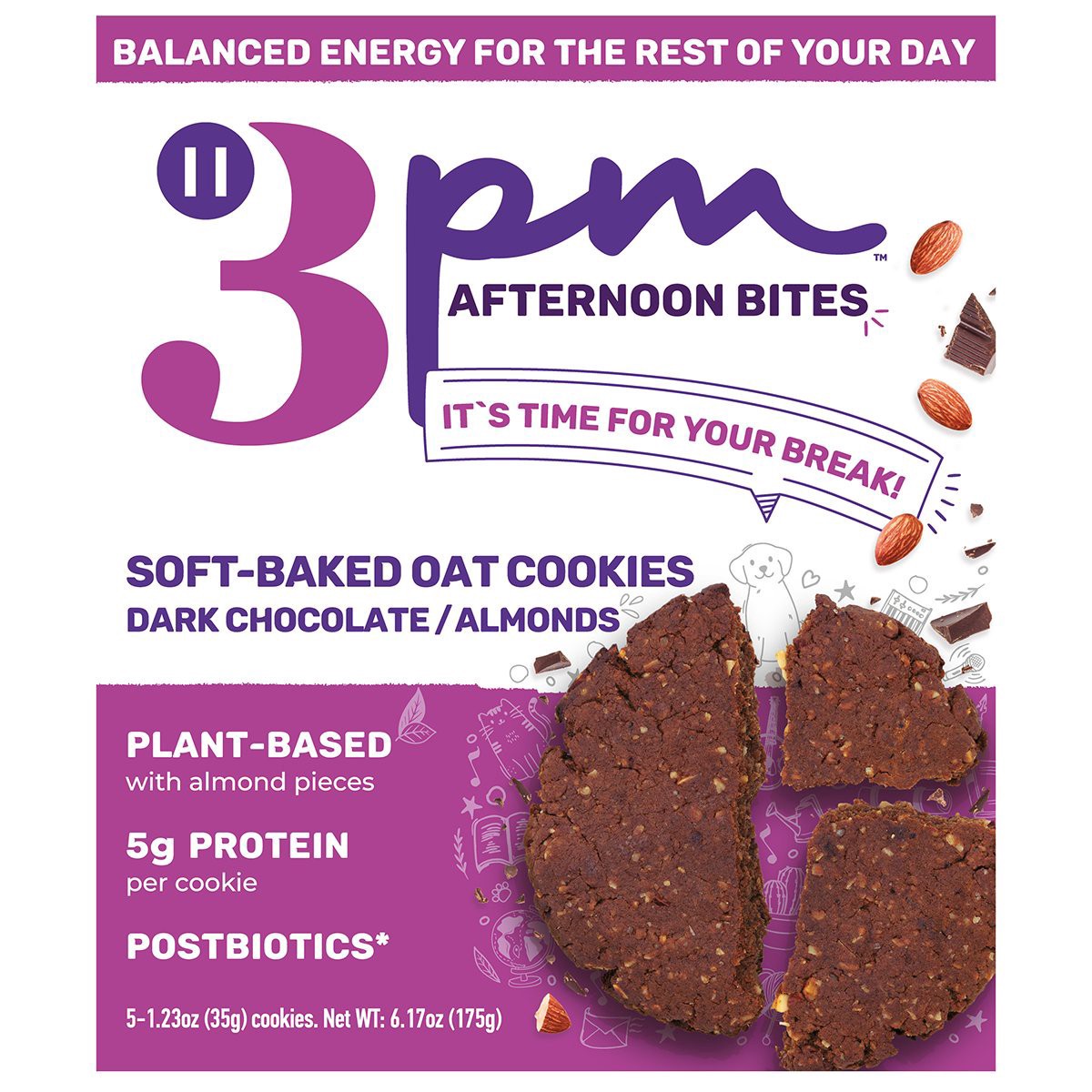 slide 1 of 1, 3PM Afternoon Bites Soft-Baked Oat Cookies - Dark Chocolate Almond, 6.17 oz