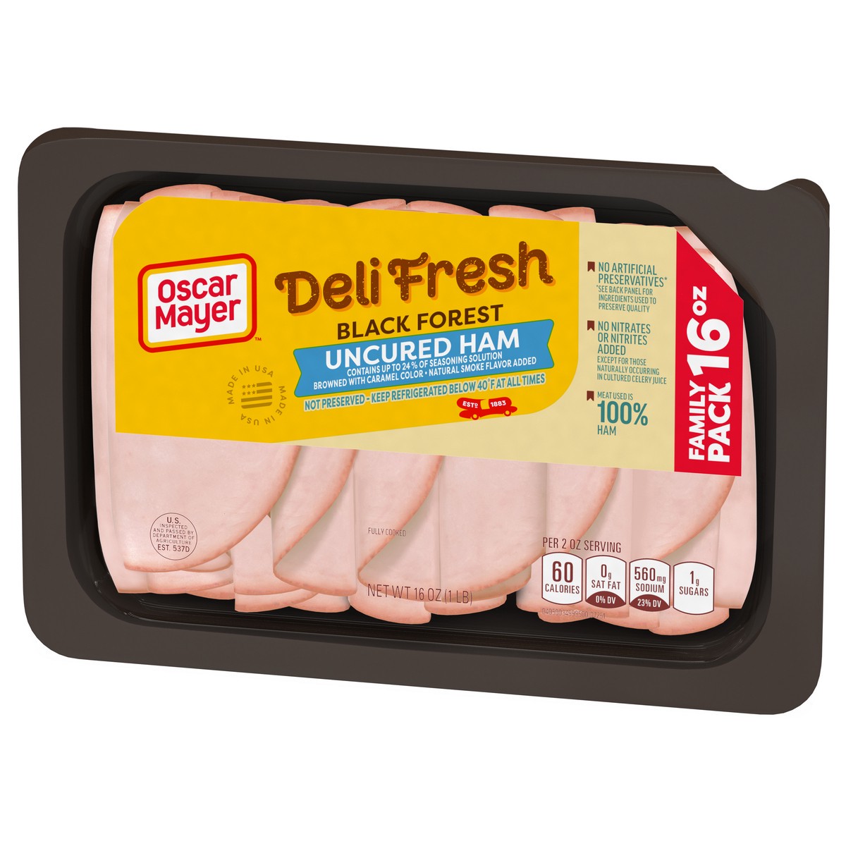 slide 2 of 9, Oscar Mayer Deli Fresh Black Forest Uncured Ham Sliced Lunch Meat Family Size, 16 oz. Tray, 