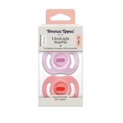 Tommee Tippee Ultra-Light Stay-Put Silicone Pacifiers for 0-6 Months, Pink & Purple