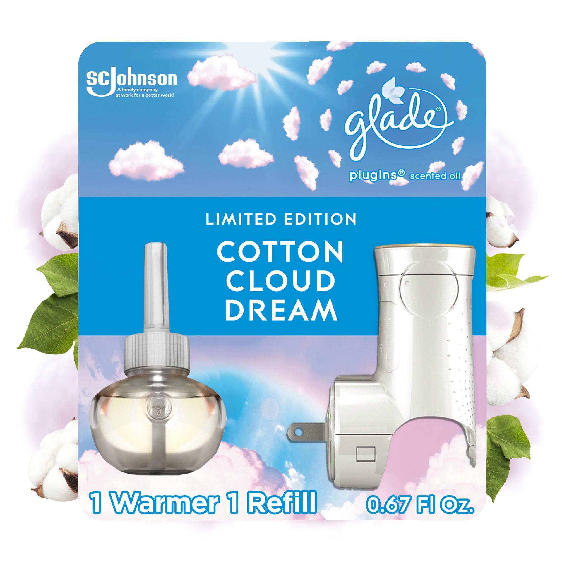 slide 2 of 5, Glade PlugIns Scented Oil Warmer + Refill, Cotton Cloud Dream Scent, Infused with Essential Oils, Spring Limited Edition Fragrance, Positive Vibes Collection, 0.67 oz., 1 ct