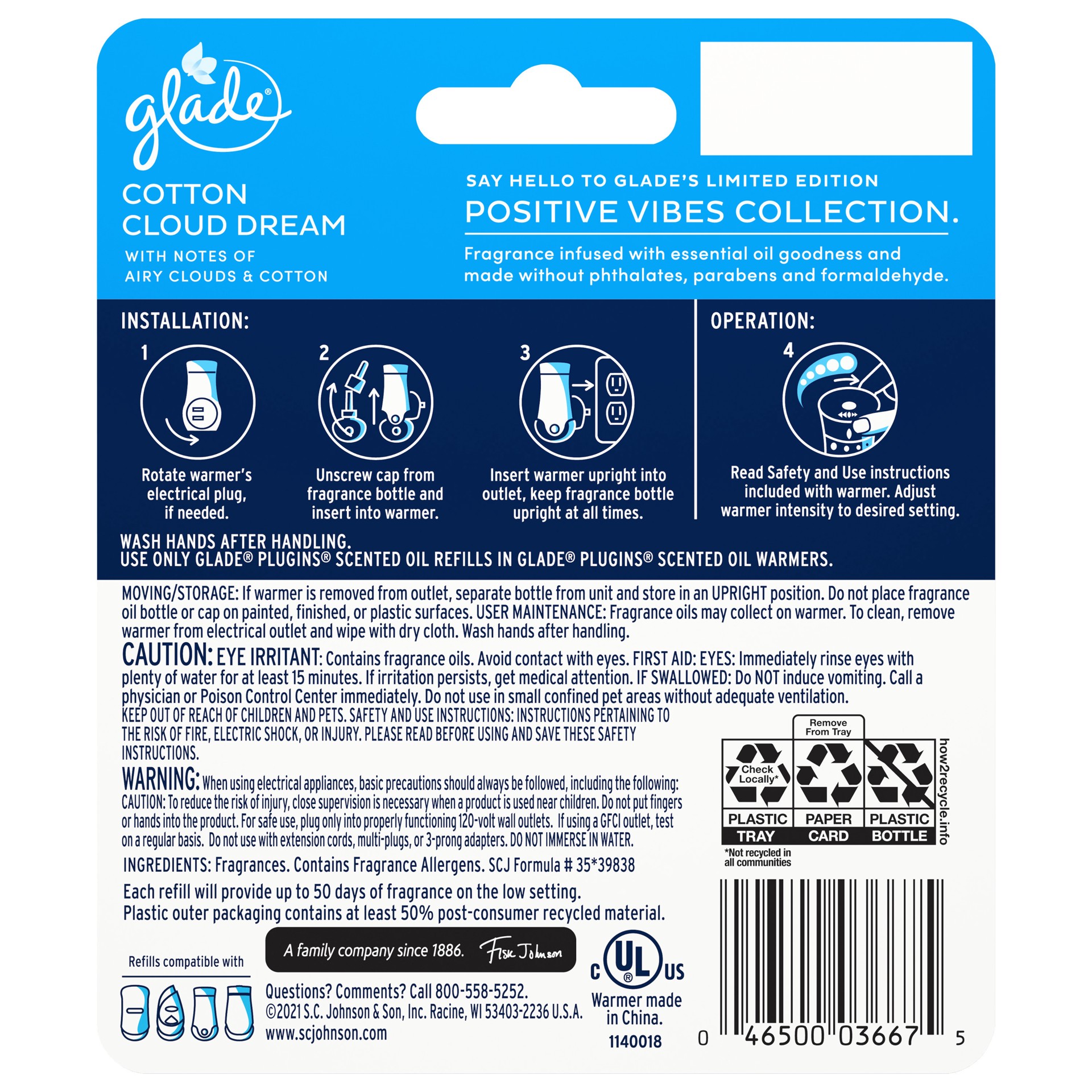slide 3 of 5, Glade PlugIns Scented Oil Warmer + Refill, Cotton Cloud Dream Scent, Infused with Essential Oils, Spring Limited Edition Fragrance, Positive Vibes Collection, 0.67 oz., 1 ct