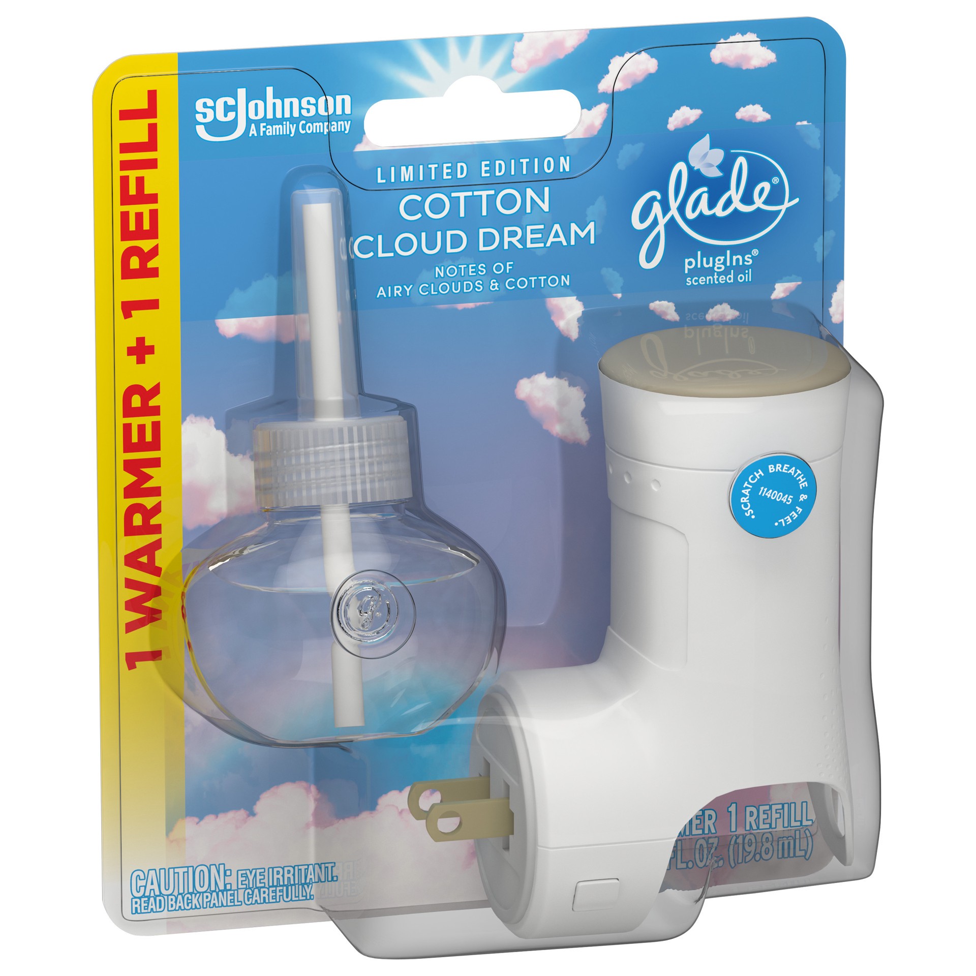 slide 5 of 5, Glade PlugIns Scented Oil Warmer + Refill, Cotton Cloud Dream Scent, Infused with Essential Oils, Spring Limited Edition Fragrance, Positive Vibes Collection, 0.67 oz., 1 ct