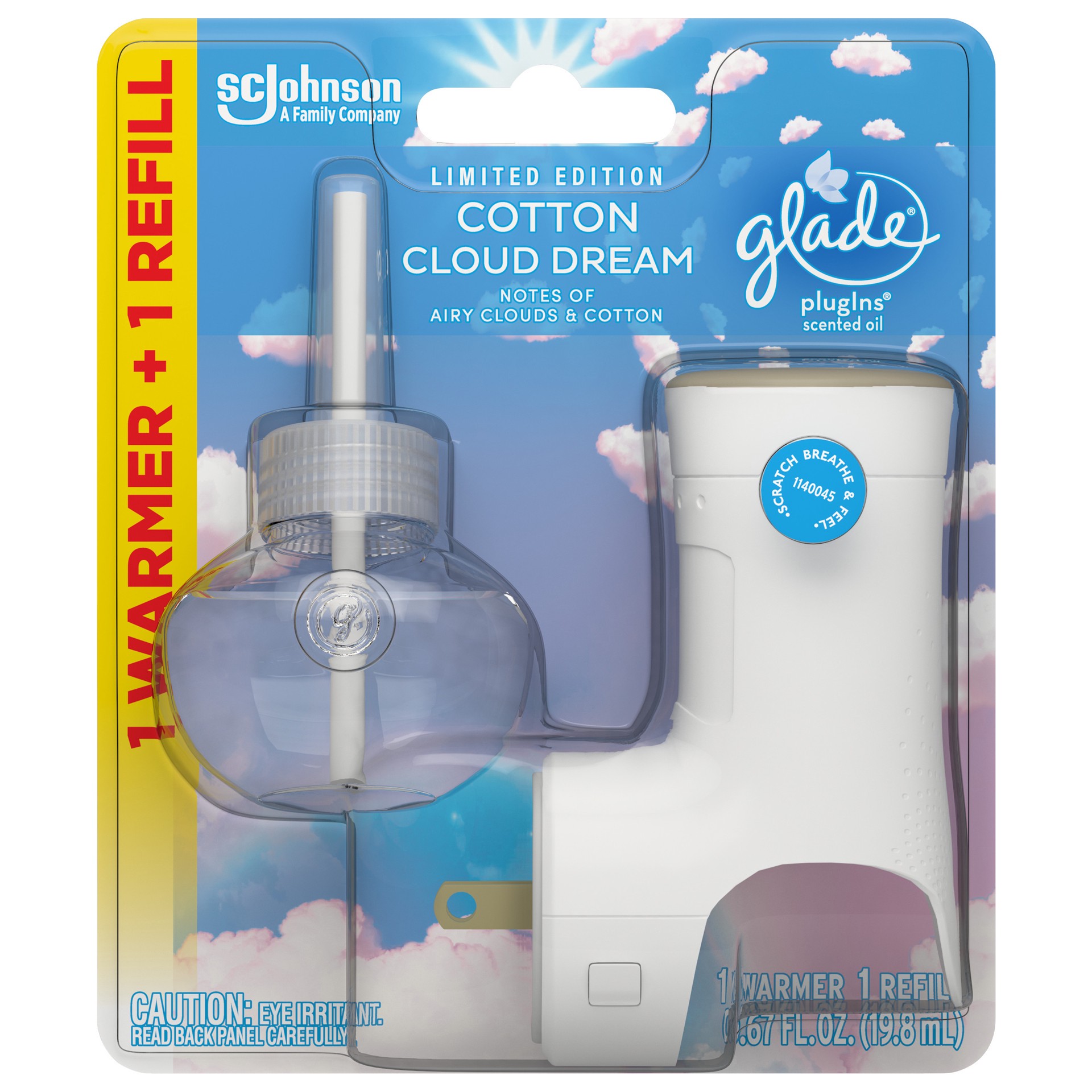 slide 1 of 5, Glade PlugIns Scented Oil Warmer + Refill, Cotton Cloud Dream Scent, Infused with Essential Oils, Spring Limited Edition Fragrance, Positive Vibes Collection, 0.67 oz., 1 ct