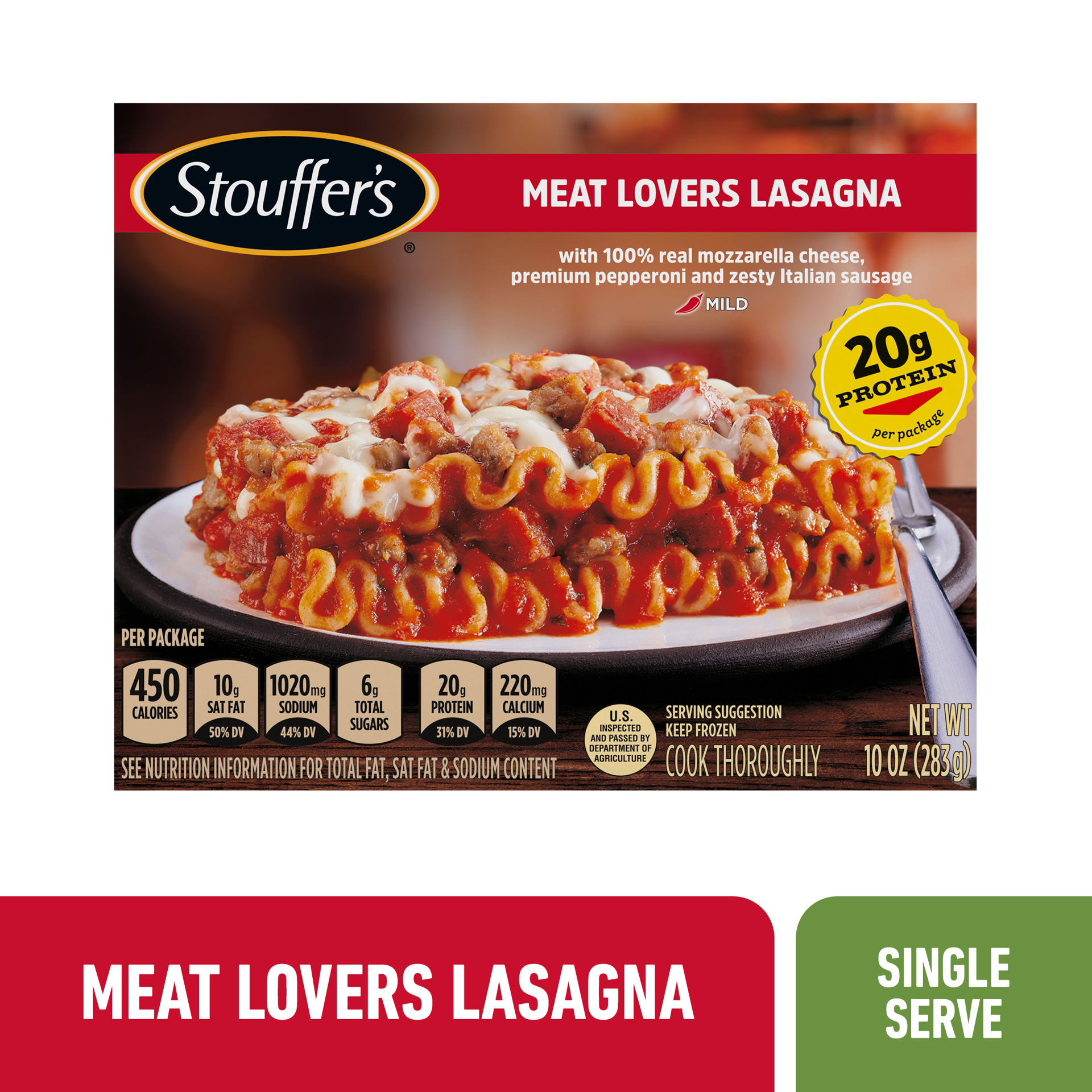 slide 1 of 6, Stouffer's Meat Lovers Lasagna Frozen Meal, 10 oz