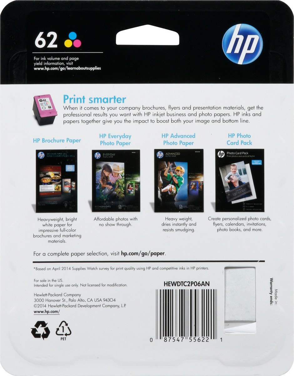 slide 8 of 12, HP 62 Tri-Color Original Ink Cartridge 1 ea, 1 ea