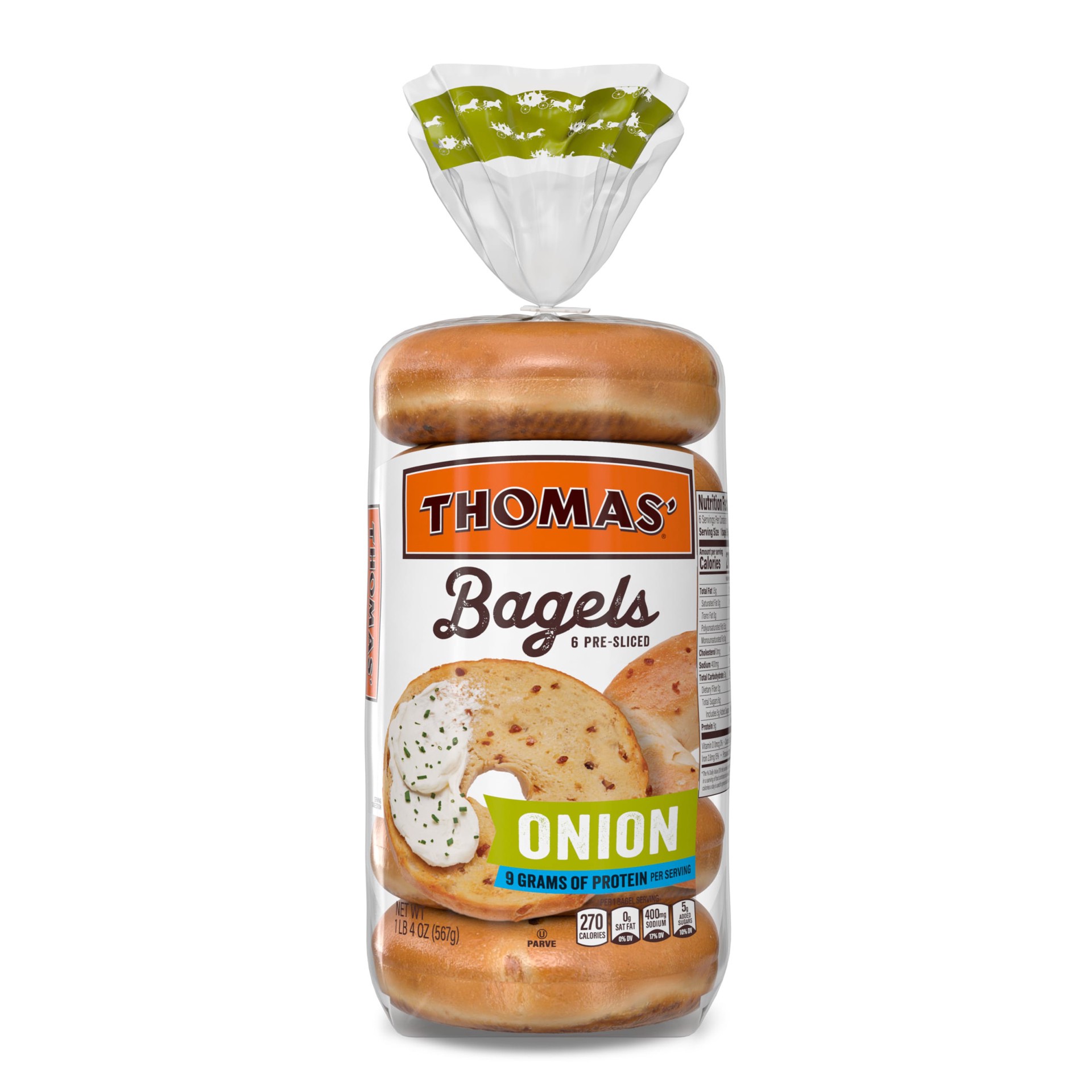 slide 1 of 3, Thomas' Onion Bagels, 6 count, Pre-sliced Bagels, 20 oz Bag, 6 ct