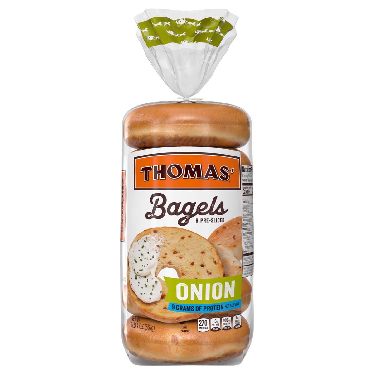 slide 1 of 3, Thomas' Onion Pre-Sliced Bagels, 6 count, 20 oz, 6 ct