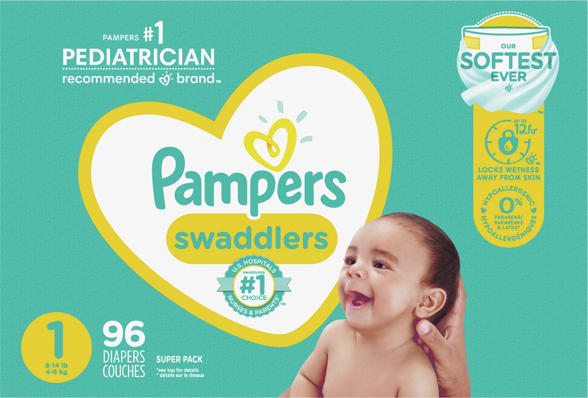 slide 4 of 4, Pampers Swaddlers Diapers, Size 1 (8-14 lbs), 96 Count, Ultra Absorbent Disposable Baby Diaper, 96 ct