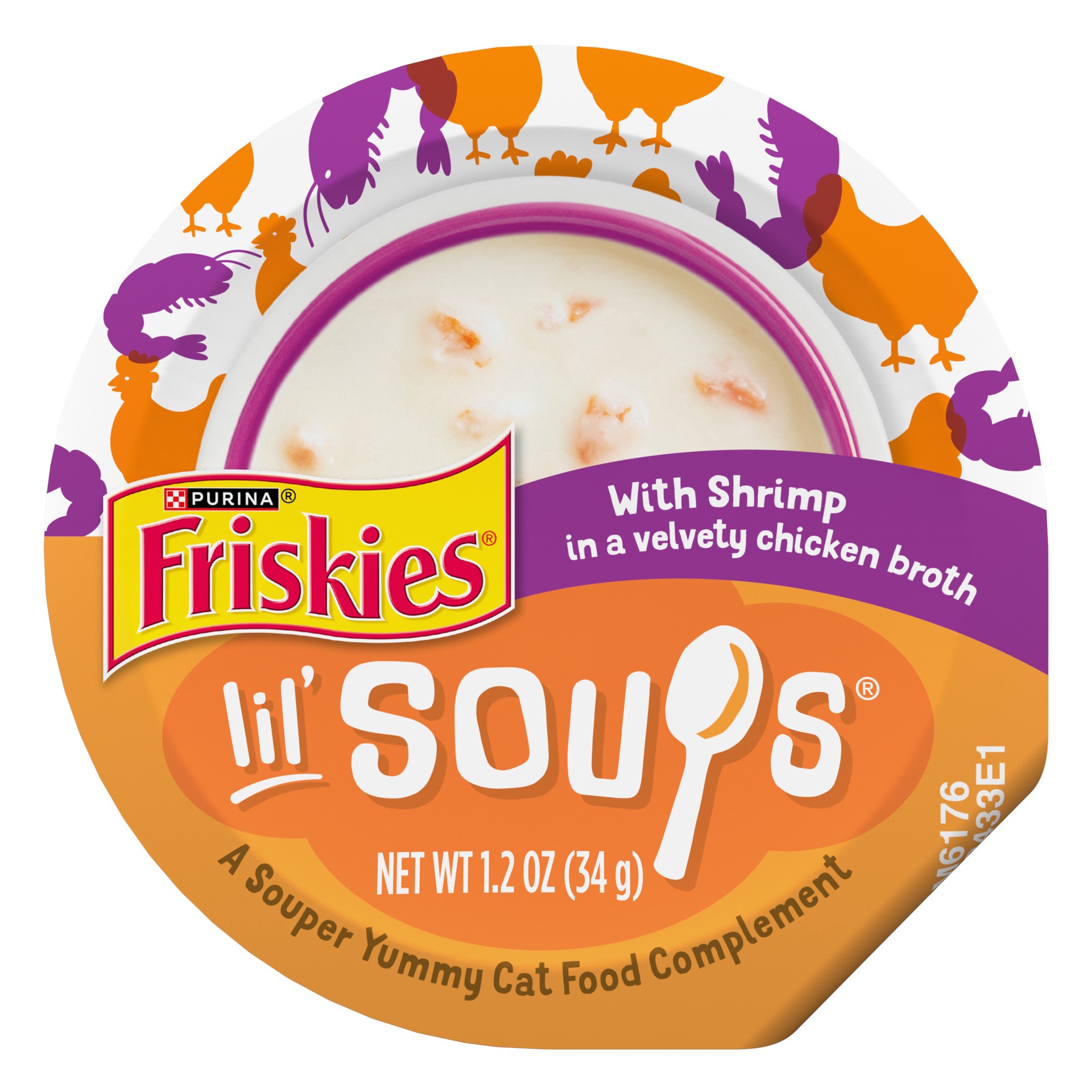 slide 1 of 7, Friskies Purina Friskies Grain Free Lickable Cat Food Toppers Lil'' Soups With Shrimp in a Velvety Chicken Broth, 1.2 oz