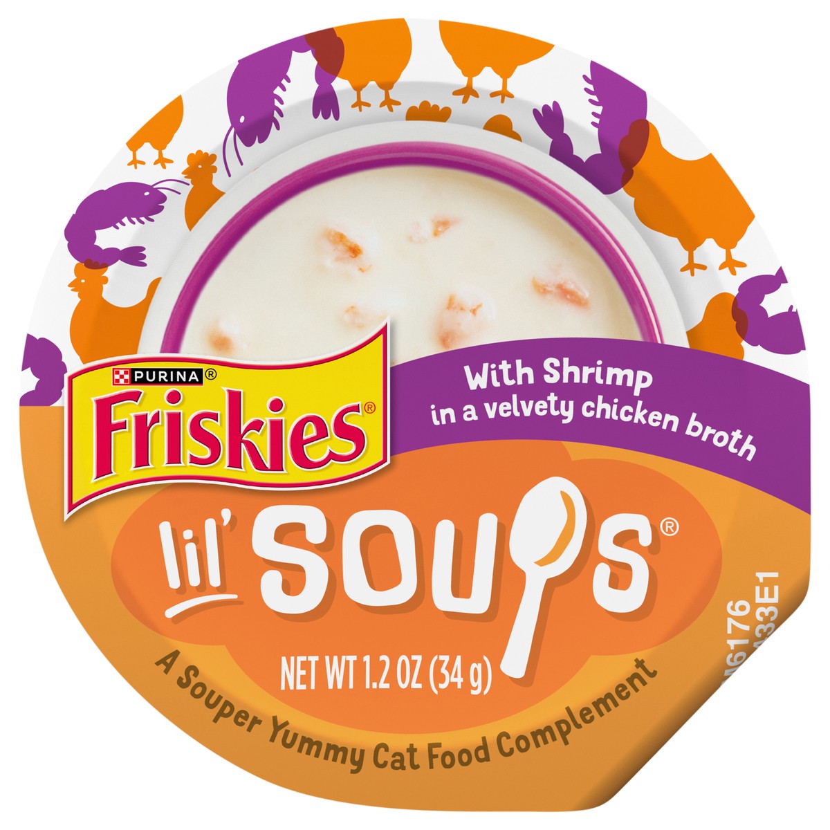 slide 1 of 7, Friskies Purina Friskies Grain Free Lickable Cat Food Toppers Lil’ Soups With Shrimp in a Velvety Chicken Broth - 1.2 oz. Cup, 1.2 oz