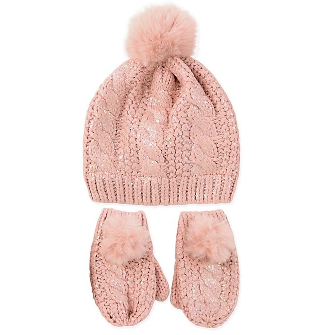 slide 1 of 1, Rising Star Newborn Pom Hat and Mitten Set - Pink, 3 ct