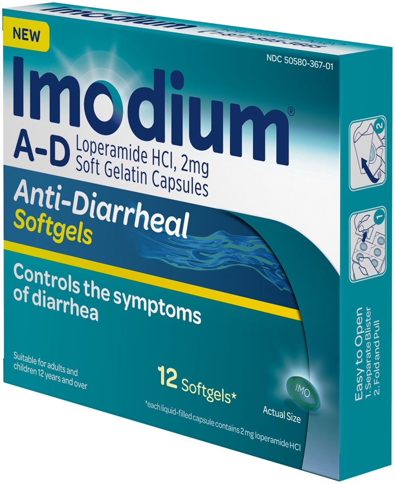 slide 3 of 6, Imodium A-D Anti-Diarrheal Medicine Softgels with 2 mg Loperamide Hydrochloride per Capsule, Diarrhea Relief to Help Control Symptoms Due to Acute, Active & Traveler's Diarrhea, 12 ct