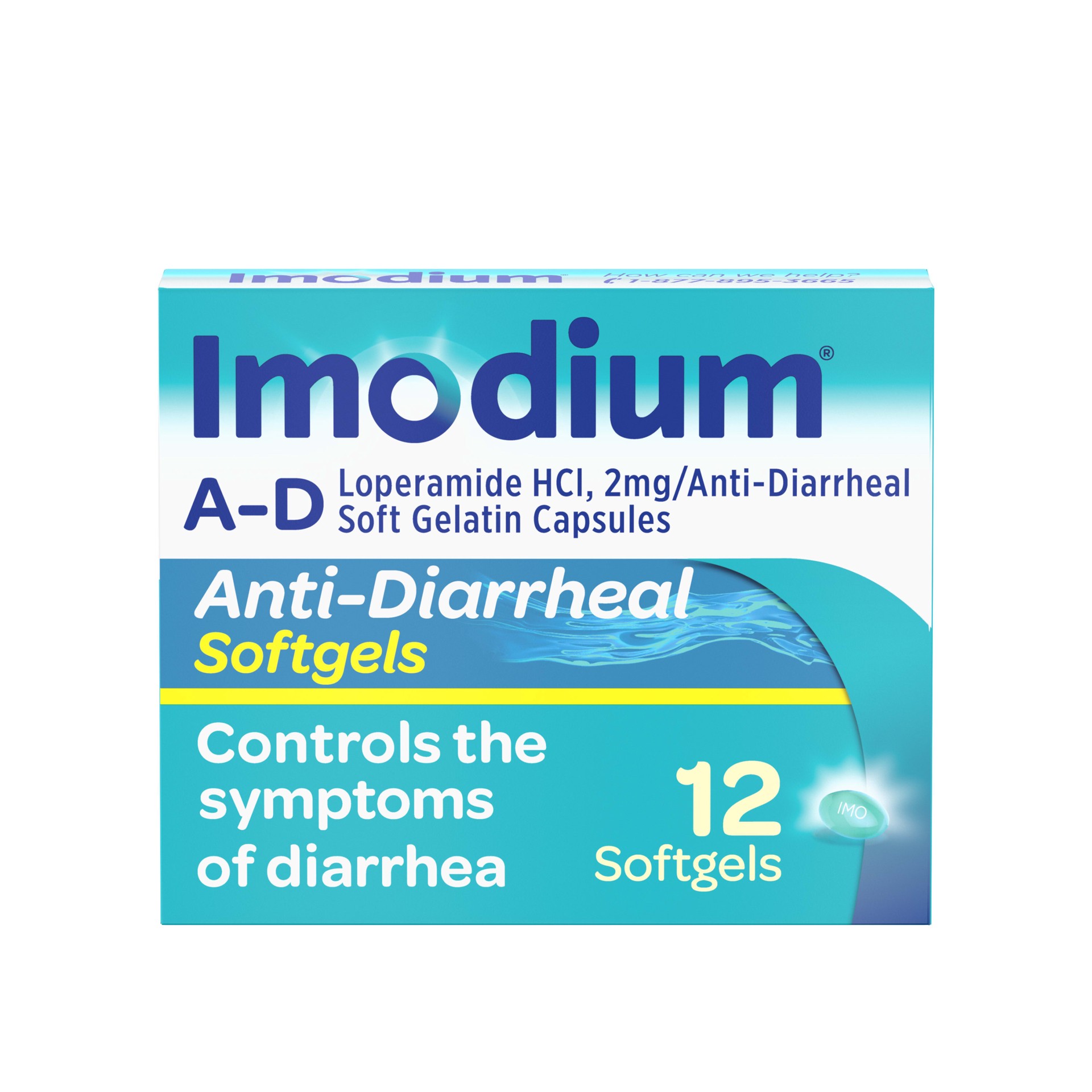 slide 1 of 9, Imodium A-D Anti-Diarrheal Medicine Softgels with 2 mg Loperamide Hydrochloride per Capsule, Diarrhea Relief to Help Control Symptoms Due to Acute, Active & Traveler's Diarrhea, 12 ct., 12 ct