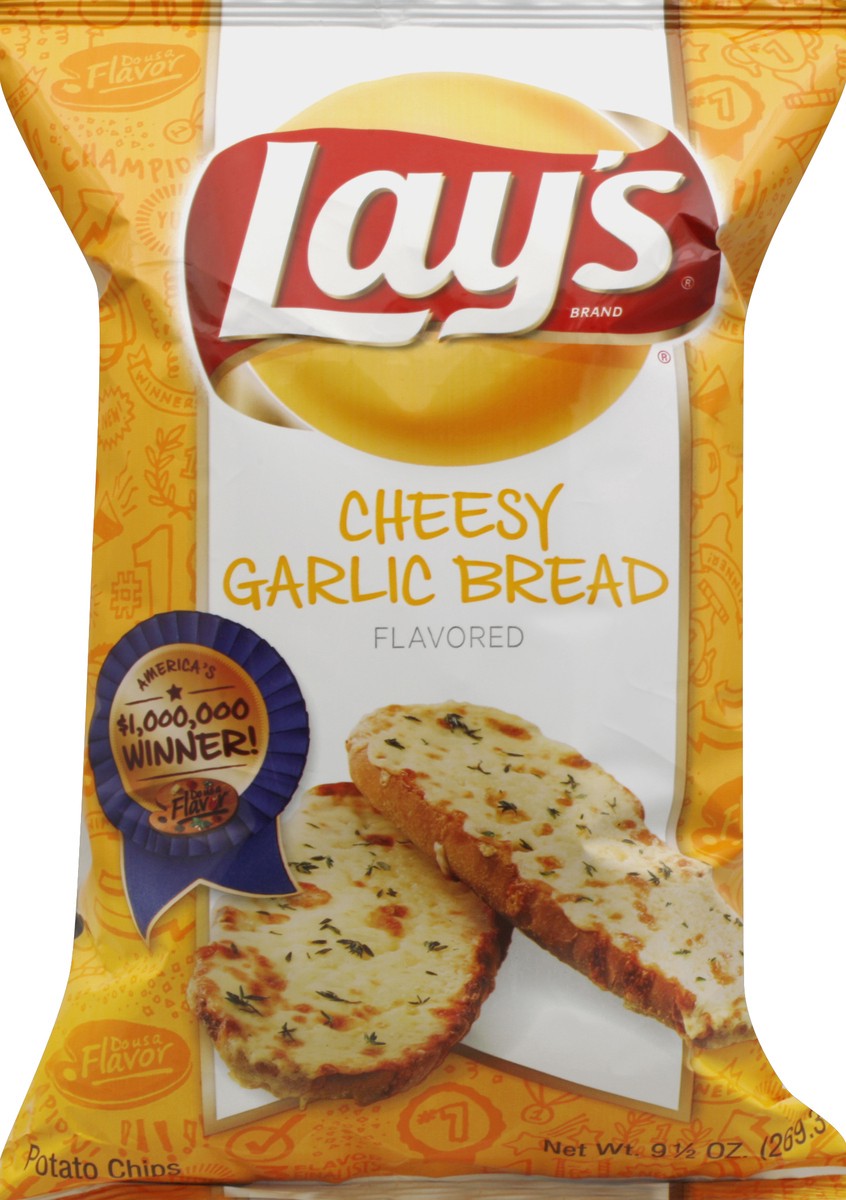 slide 4 of 6, Lay's Cheesy Garlic Bread Potato Chips 9.5 Ounce Bag, 9.5 oz