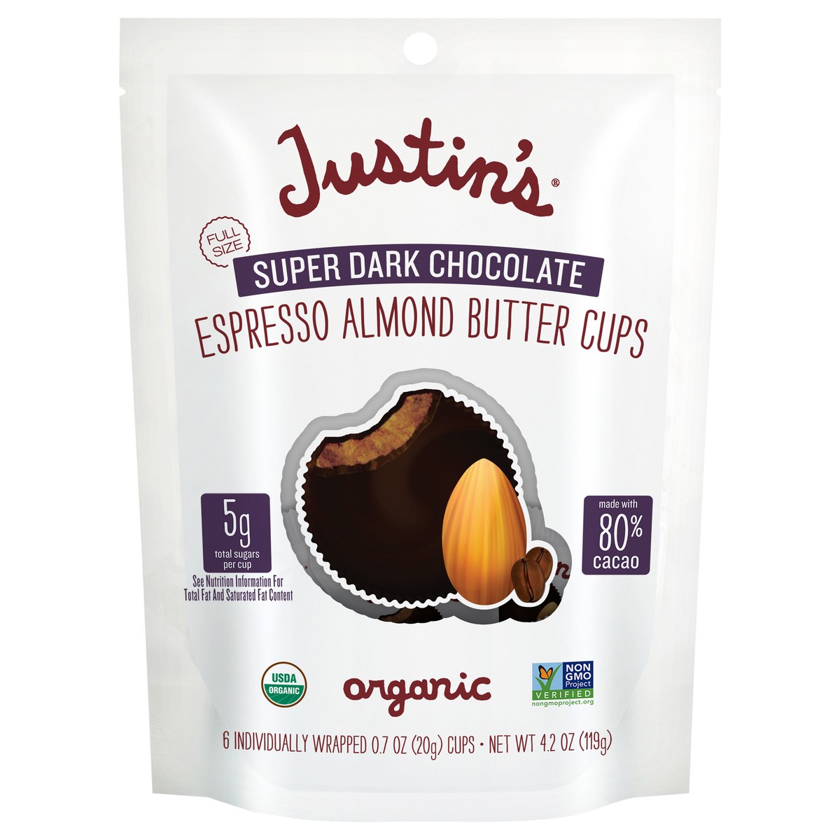 slide 1 of 9, Justin's Justin’s Super Dark Chocolate Espresso Almond Butter Cups 4.2 oz, 6 ct