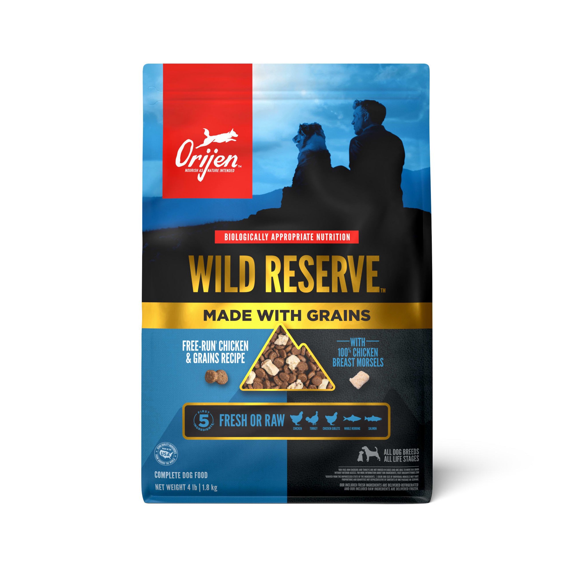 slide 1 of 1, ORIJEN Wild Reserve Dog Free-Run Chicken & Grains Recipe 4lb, 4 lb