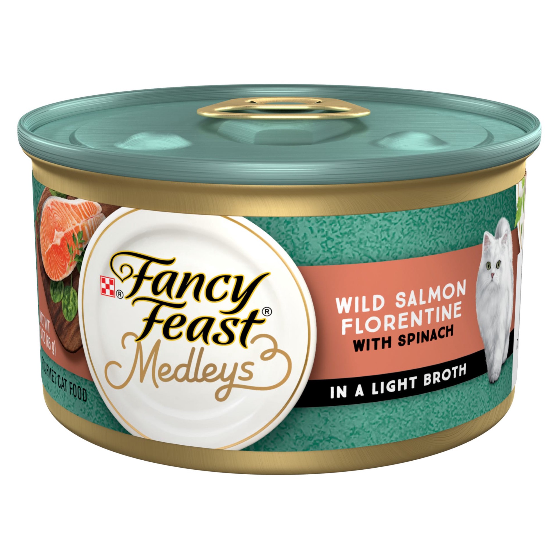 slide 1 of 7, Purina Fancy Feast Wet Cat Food, Medleys Wild Salmon Florentine With Garden Greens in Delicate Sauce, 3 oz
