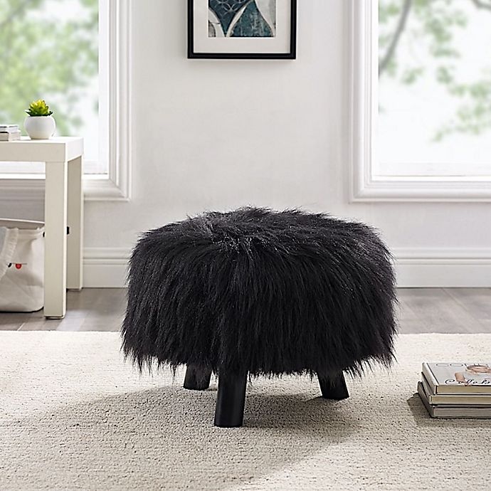 slide 3 of 9, Linon Home Faux Flokati Round Foot Stool - Black, 16 in