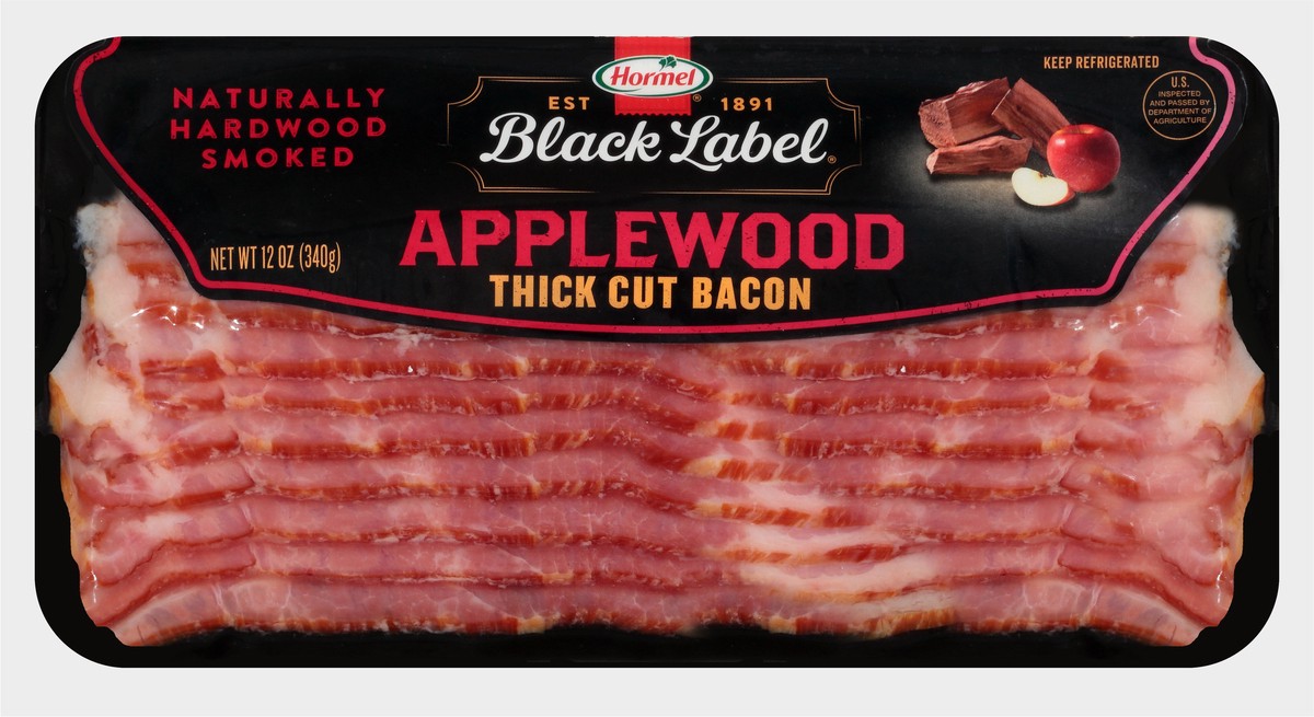 slide 2 of 9, HORMEL BLACK LABEL Applewood Smoked Thick Cut Bacon, 12 oz