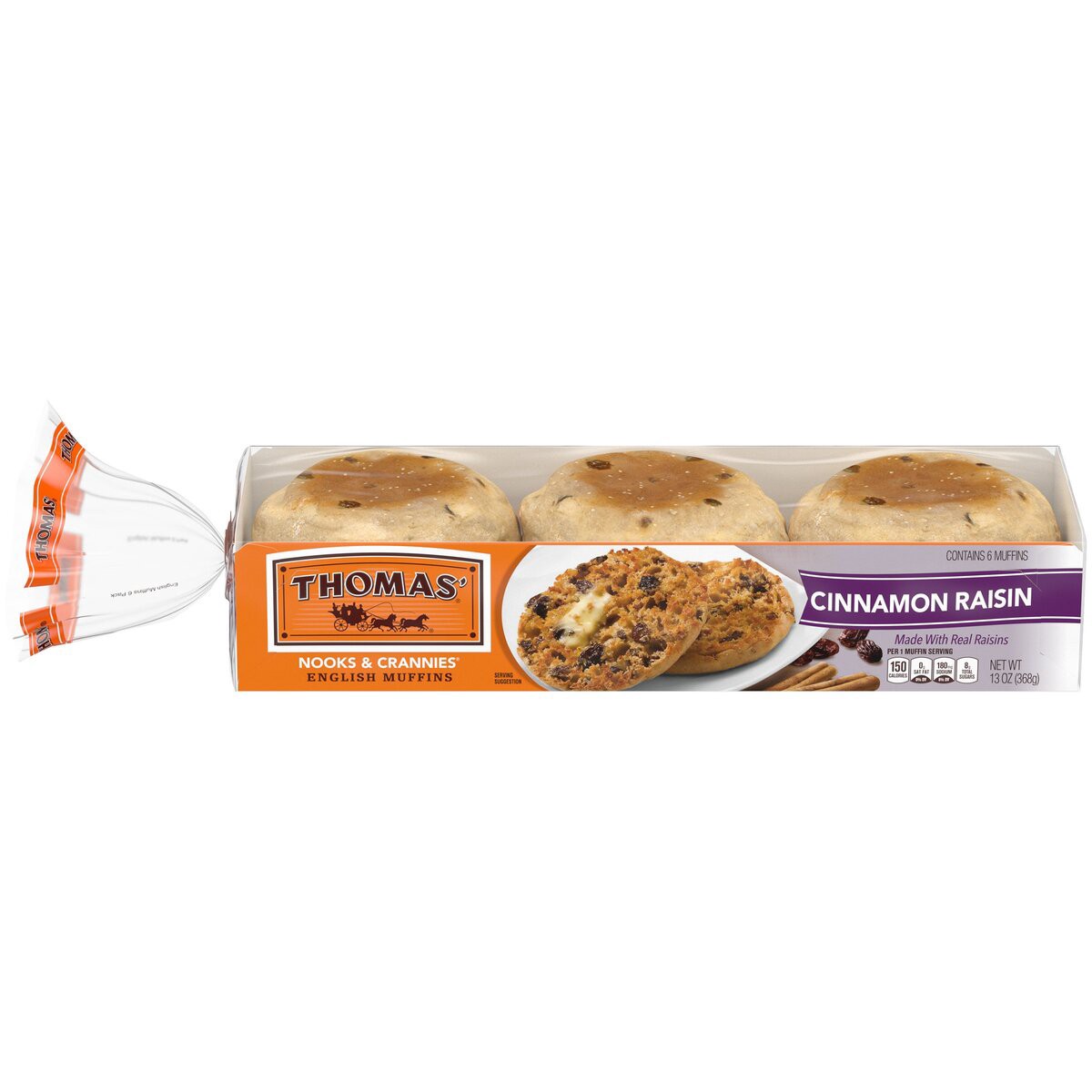 slide 1 of 1, Thomas' Cinnamon Raisin English Muffins, 6 ct