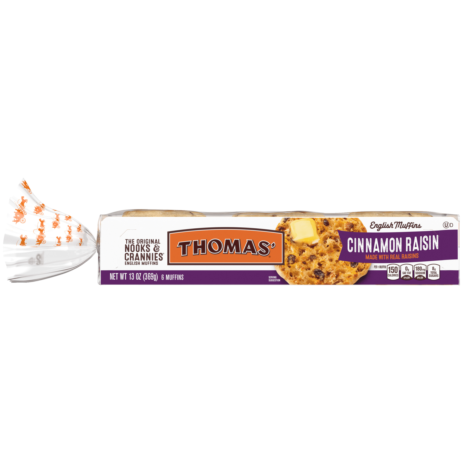 slide 1 of 1, Thomas' Nooks & Crannies Cinnamon Raisin English Muffin, 6  count, 13 oz, 6 ct