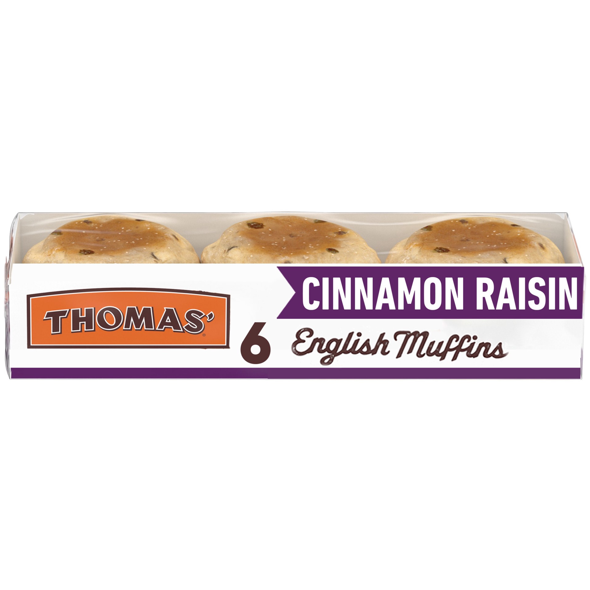 slide 1 of 1, Thomas' Cinnamon Raisin English Muffin, 6 count, English Muffins, 13 oz Tray, 6 ct