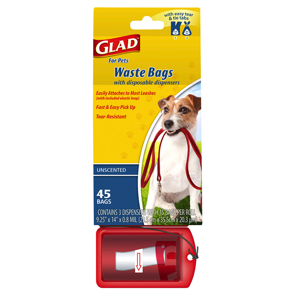 slide 1 of 1, Glad Pet Waste Bags with Disposable Dispenser, Unscented, 3 ct
