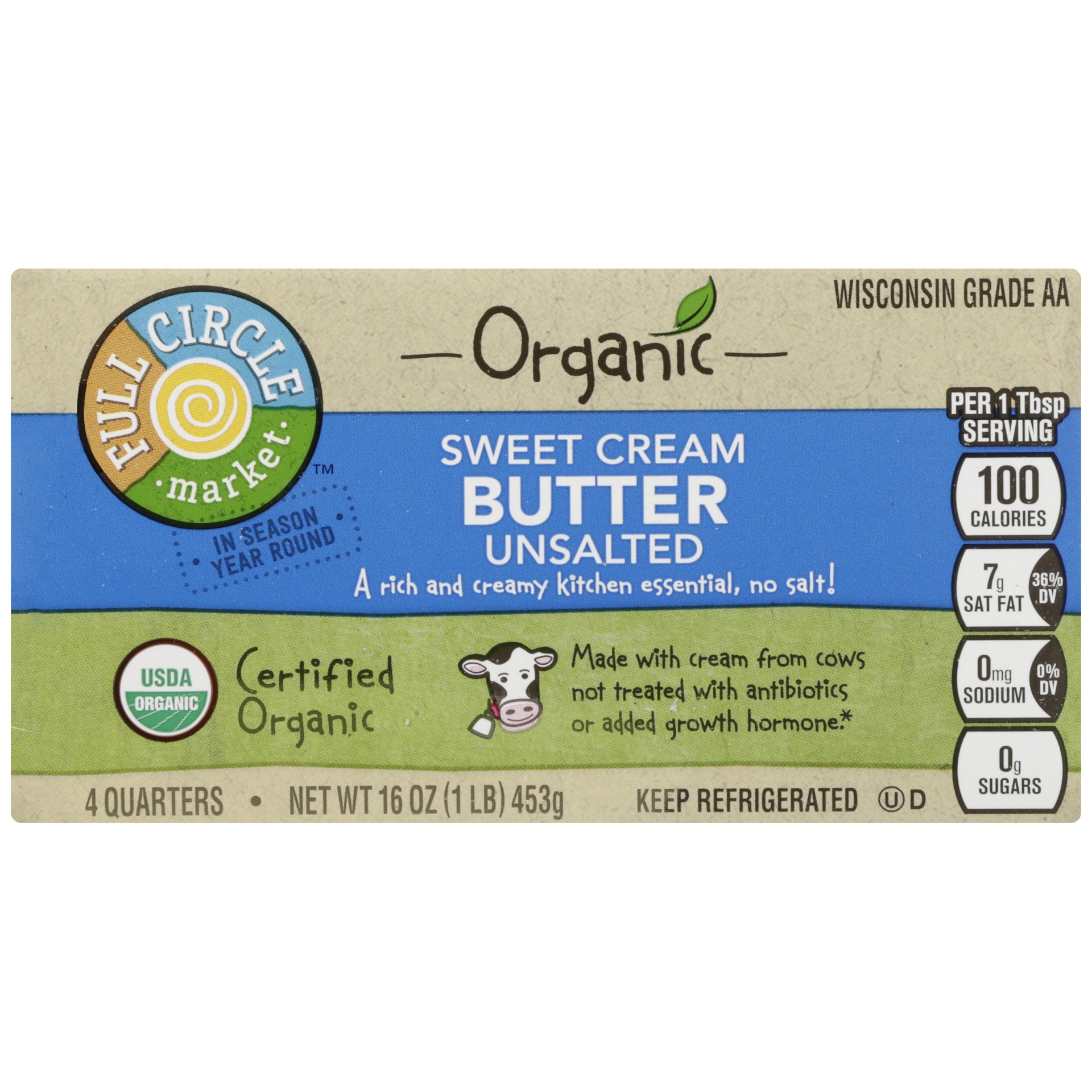 slide 2 of 6, Full Circle Market Organic Sweet Cream Unsalted Butter Quarters, 16 oz